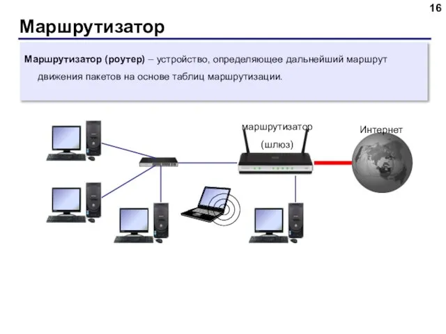 Маршрутизатор Маршрутизатор (роутер) – устройство, определяющее дальнейший маршрут движения пакетов на основе таблиц маршрутизации.