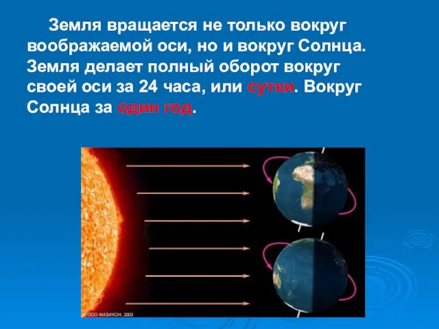 Земля вращается не только вокруг воображаемой оси, но и вокруг Солнца. Земля
