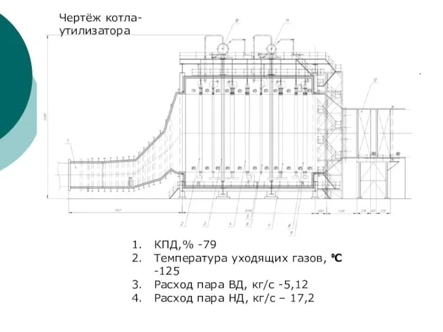 Чертёж котла-утилизатора Чертёж котла-утилизатора КПД,% -79 Температура уходящих газов, ⁰С -125 Расход