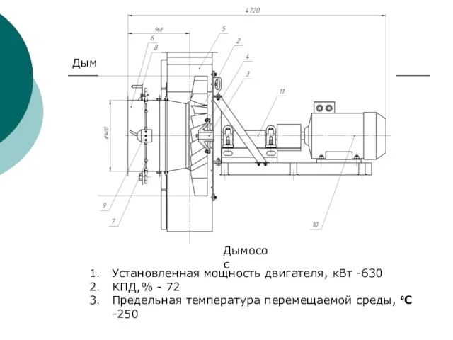 Дымосос Дымосос Установленная мощность двигателя, кВт -630 КПД,% - 72 Предельная температура перемещаемой среды, ⁰С -250