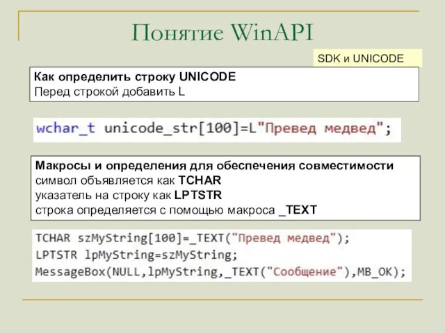 Понятие WinAPI SDK и UNICODE Как определить строку UNICODE Перед строкой добавить