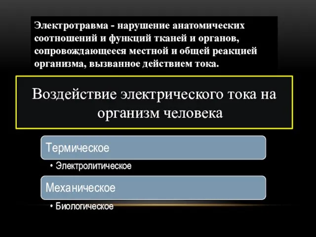 Воздействие электрического тока на организм человека Электротравма - нарушение анатомических соотношений и