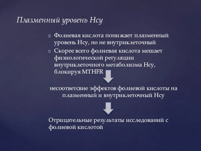 Фолиевая кислота понижает плазменный уровень Hcy, но не внутриклеточный Скорее всего фолиевая