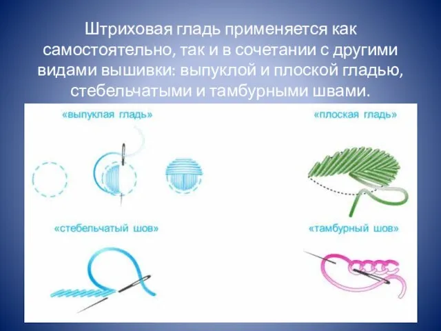 Штриховая гладь применяется как самостоятельно, так и в сочетании с другими видами