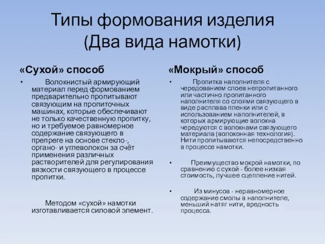 Типы формования изделия (Два вида намотки) «Сухой» способ Волокнистый армирующий материал перед