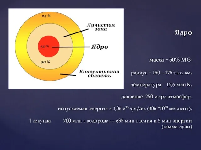 Ядро масса ~ 50% M☉ радиус ~ 150—175 тыс. км, температура 15,6