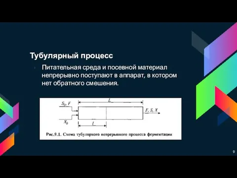 Тубулярный процесс Питательная среда и посевной материал непрерывно поступают в аппарат, в котором нет обратного смешения.