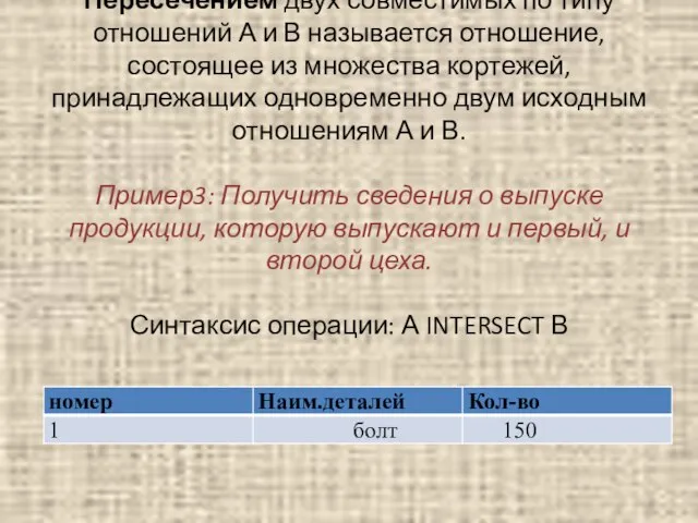 Пересечением двух совместимых по типу отношений А и В называется отношение, состоящее