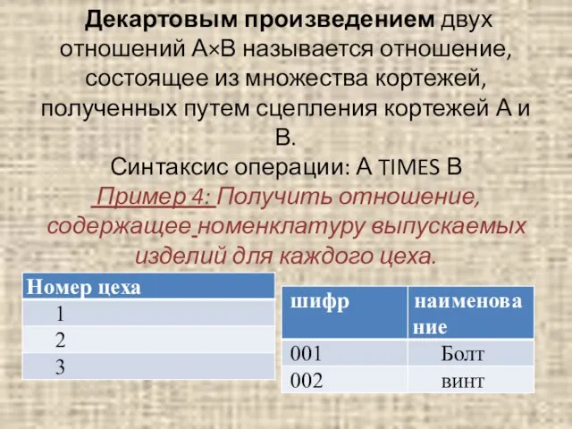 Декартовым произведением двух отношений А×В называется отношение, состоящее из множества кортежей, полученных