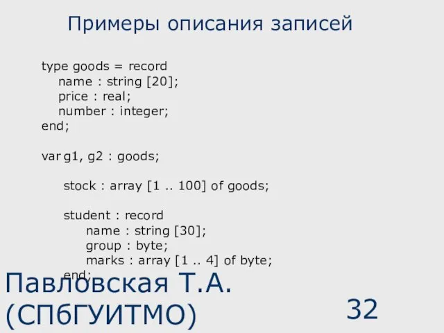 Павловская Т.А. (СПбГУИТМО) Примеры описания записей type goods = record name :