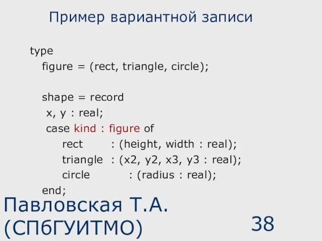 Павловская Т.А. (СПбГУИТМО) Пример вариантной записи type figure = (rect, triangle, circle);