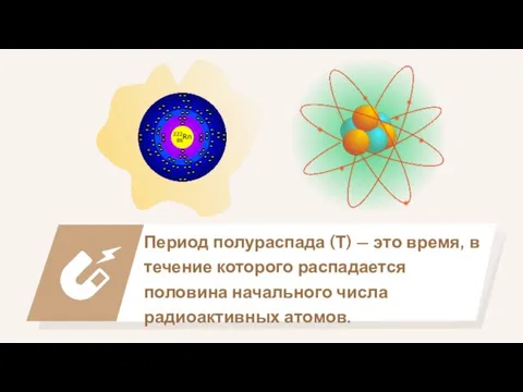 Период полураспада (Т) — это время, в течение которого распадается половина начального числа радиоактивных атомов.