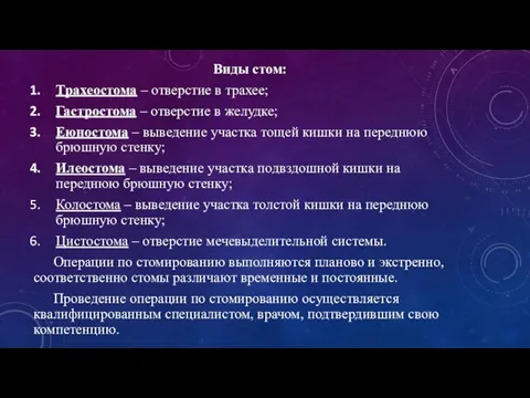 Виды стом: Трахеостома – отверстие в трахее; Гастростома – отверстие в желудке;