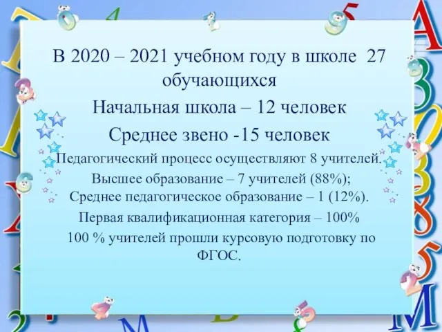 В 2020 – 2021 учебном году в школе 27 обучающихся Начальная школа