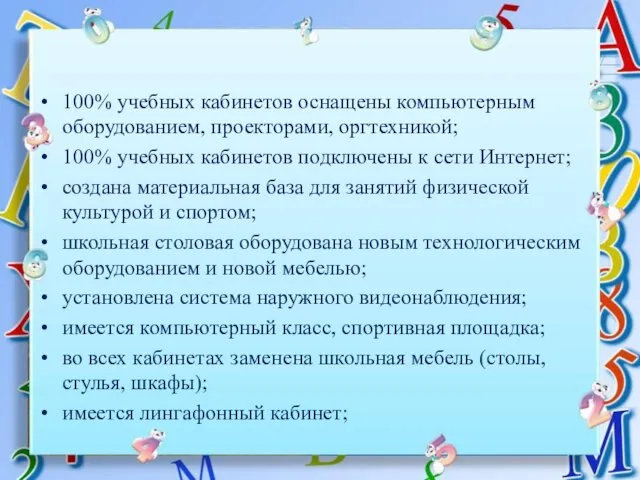 100% учебных кабинетов оснащены компьютерным оборудованием, проекторами, оргтехникой; 100% учебных кабинетов подключены