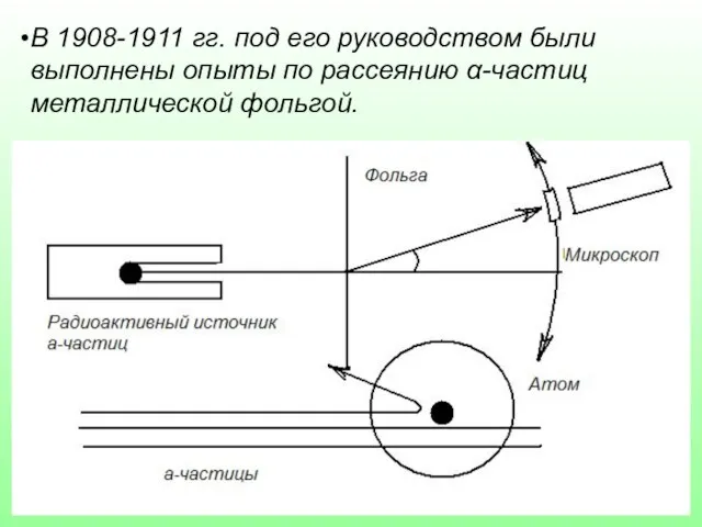 В 1908-1911 гг. под его руководством были выполнены опыты по рассеянию α-частиц металлической фольгой.