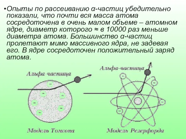 Опыты по рассеиванию α-частиц убедительно показали, что почти вся масса атома сосредоточена