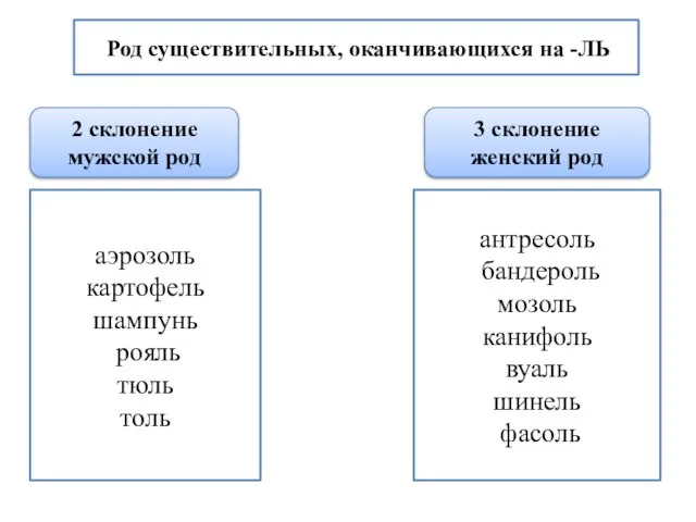 Род существительных, оканчивающихся на -ЛЬ 2 склонение мужской род 3 склонение женский