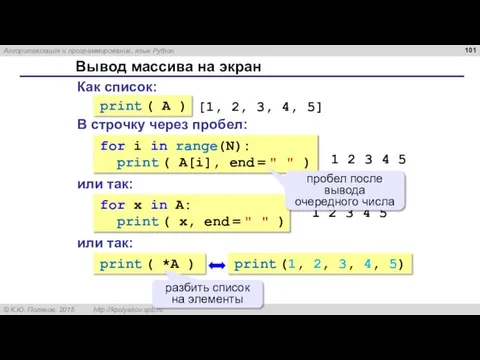 Вывод массива на экран Как список: print ( A ) [1, 2,