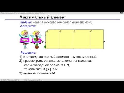 Максимальный элемент Задача: найти в массиве максимальный элемент. Алгоритм: Решение: считаем, что