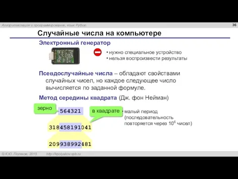 Случайные числа на компьютере Электронный генератор нужно специальное устройство нельзя воспроизвести результаты