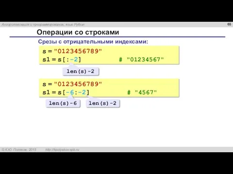 Операции со строками Срезы с отрицательными индексами: s = "0123456789" s1 =