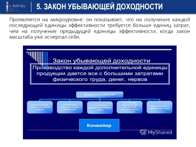 5. ЗАКОН УБЫВАЮЩЕЙ ДОХОДНОСТИ Проявляется на микроуровне: он показывает, что на получение