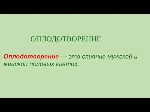 ОПЛОДОТВОРЕНИЕ Оплодотворение — это слияние мужской и женской половых клеток.