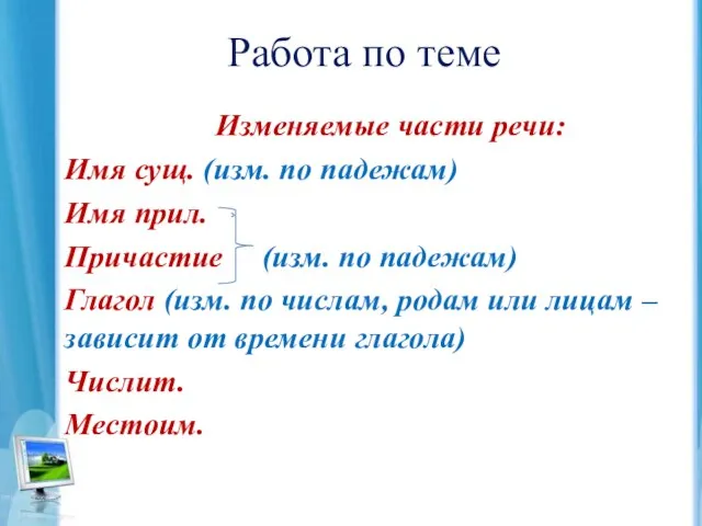 Работа по теме Изменяемые части речи: Имя сущ. (изм. по падежам) Имя