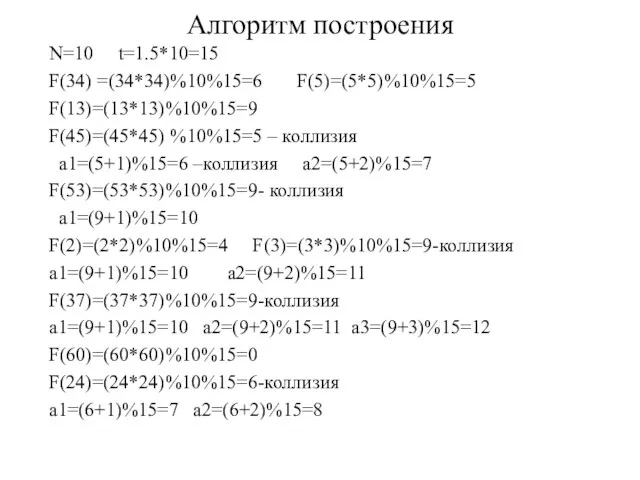 Алгоритм построения N=10 t=1.5*10=15 F(34) =(34*34)%10%15=6 F(5)=(5*5)%10%15=5 F(13)=(13*13)%10%15=9 F(45)=(45*45) %10%15=5 – коллизия