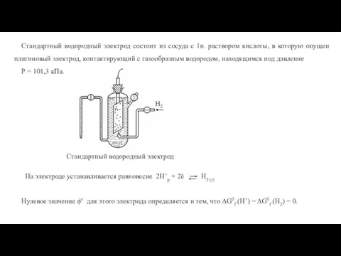 Стандартный водородный электрод состоит из сосуда с 1н. раствором кислоты, в которую