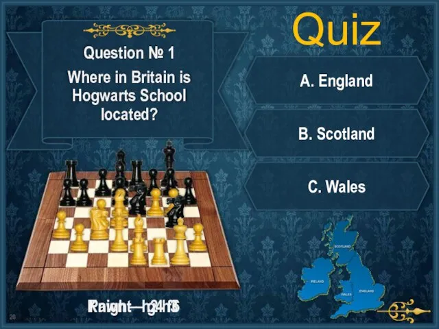 Quiz A. England B. Scotland C. Wales Pawn – h2 h3 Knight – g4 f6