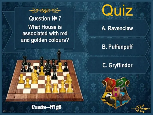 Quiz A. Ravenclaw B. Puffenpuff C. Gryffindor Castle – f1 f4 Pawn – f7 g6