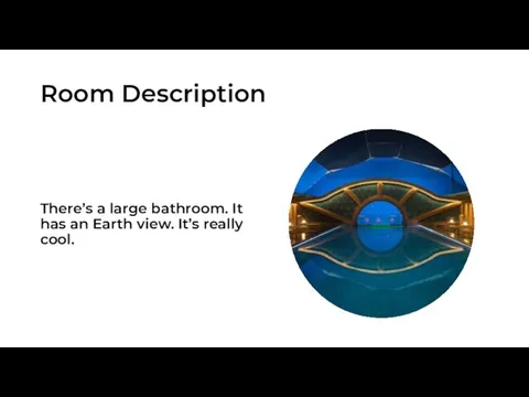 Room Description There’s a large bathroom. It has an Earth view. It’s really cool.