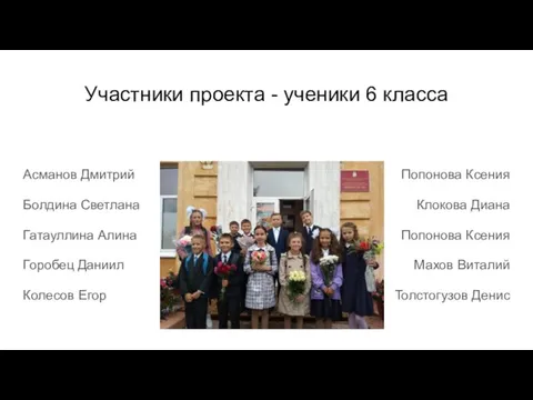 Участники проекта - ученики 6 класса Асманов Дмитрий Болдина Светлана Гатауллина Алина