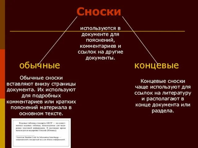 Сноски обычные концевые используются в документе для пояснений, комментариев и ссылок на