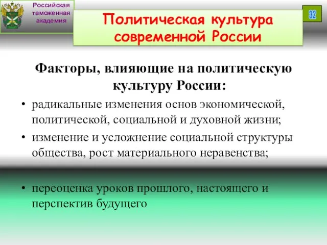 Российская таможенная академия 32 Политическая культура современной России Факторы, влияющие на политическую