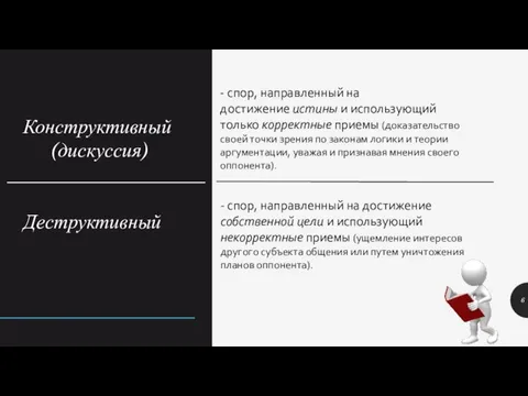 Конструктивный (дискуссия) ____________________ Деструктивный - спор, направленный на достижение истины и использующий