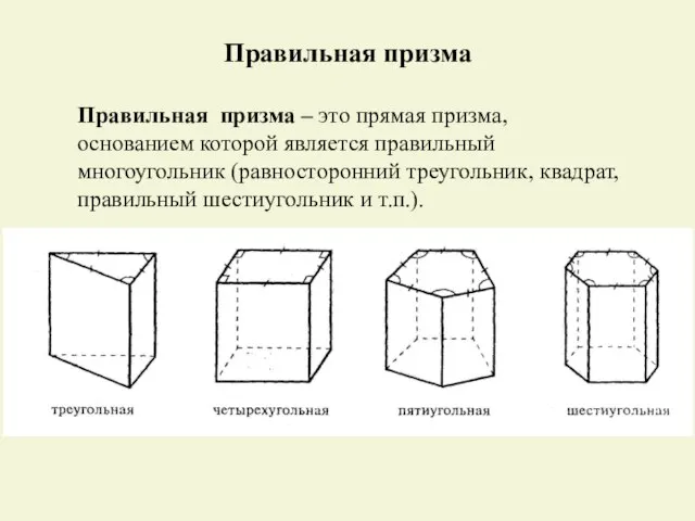 Правильная призма – это прямая призма, основанием которой является правильный многоугольник (равносторонний