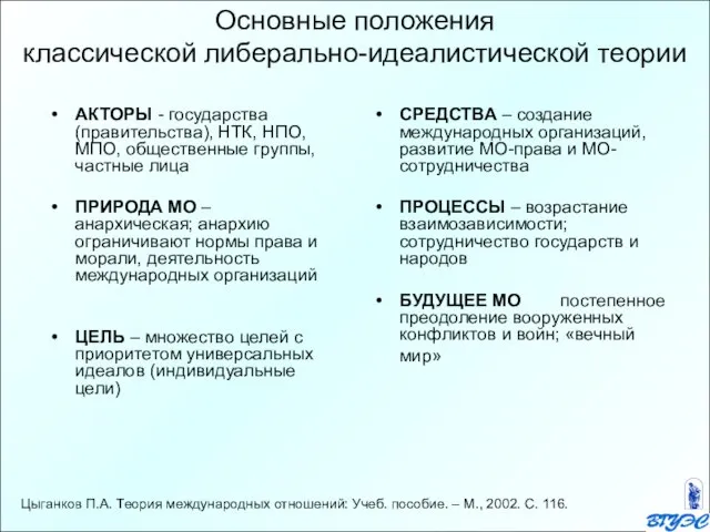 Основные положения классической либерально-идеалистической теории АКТОРЫ - государства (правительства), НТК, НПО, МПО,