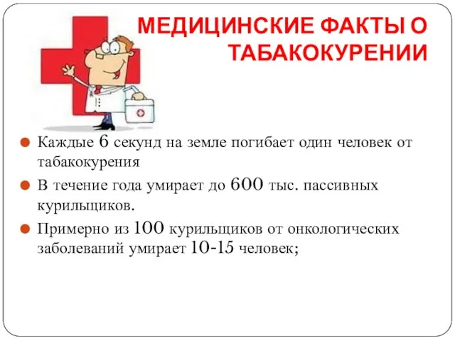 МЕДИЦИНСКИЕ ФАКТЫ О ТАБАКОКУРЕНИИ Каждые 6 секунд на земле погибает один человек