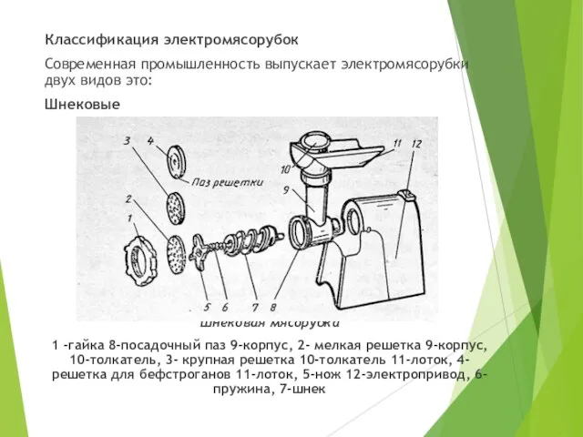 Классификация электромясорубок Современная промышленность выпускает электромясорубки двух видов это: Шнековые Шнековая мясорубка