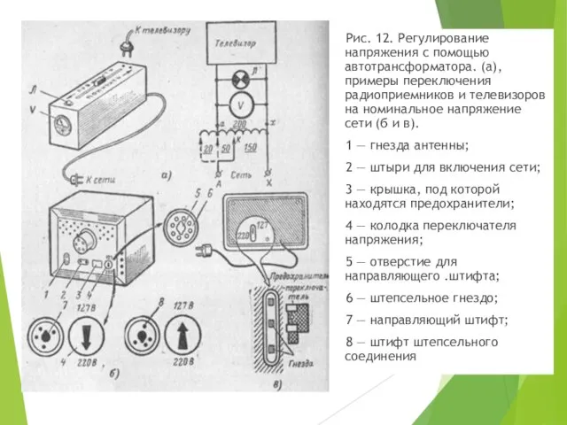 Рис. 12. Регулирование напряжения с помощью автотрансформатора. (а), примеры переключения радиоприемников и