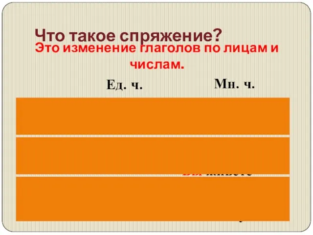 Что такое спряжение? Это изменение глаголов по лицам и числам. Ед. ч.