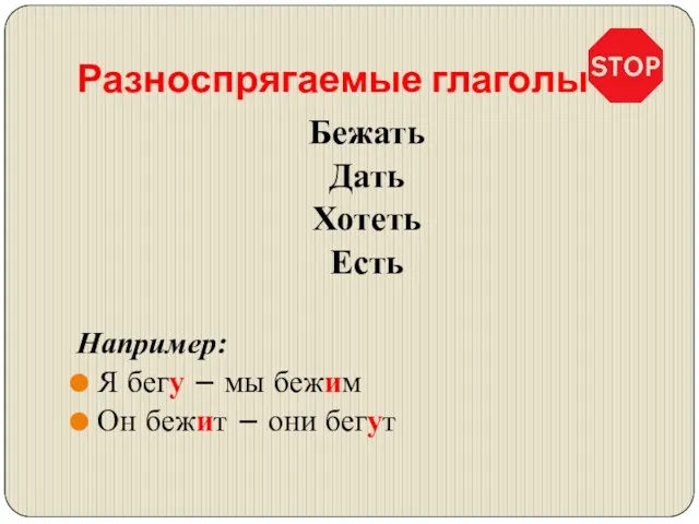 Разноспрягаемые глаголы Бежать Дать Хотеть Есть Например: Я бегу – мы бежим