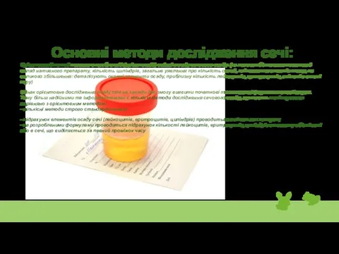 Основні методи дослідження сечі: Орієнтовний метод полягає в приблизній (орієнтовній) оцінці складу