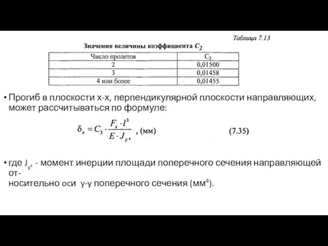 Прогиб в плоскости х-х, перпендикулярной плоскости направляющих, может рассчитываться по формуле: где