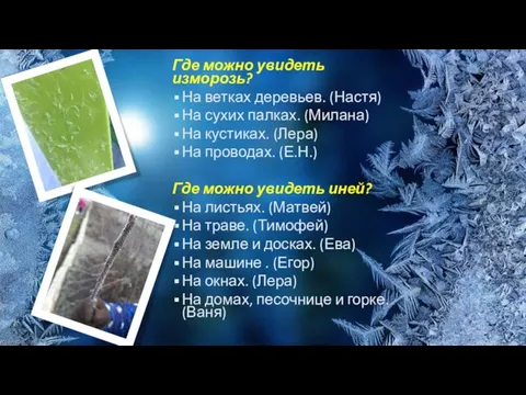 Где можно увидеть изморозь? На ветках деревьев. (Настя) На сухих палках. (Милана)