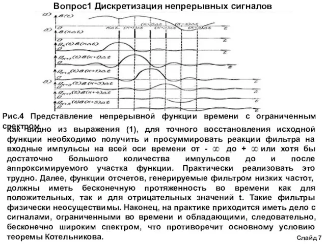 Вопрос1 Дискретизация непрерывных сигналов Слайд 7 Рис.4 Представление непрерывной функции времени с