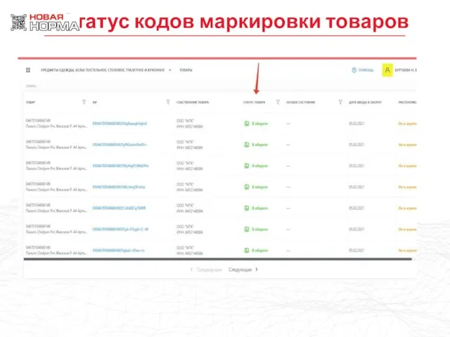 Статус кодов маркировки товаров